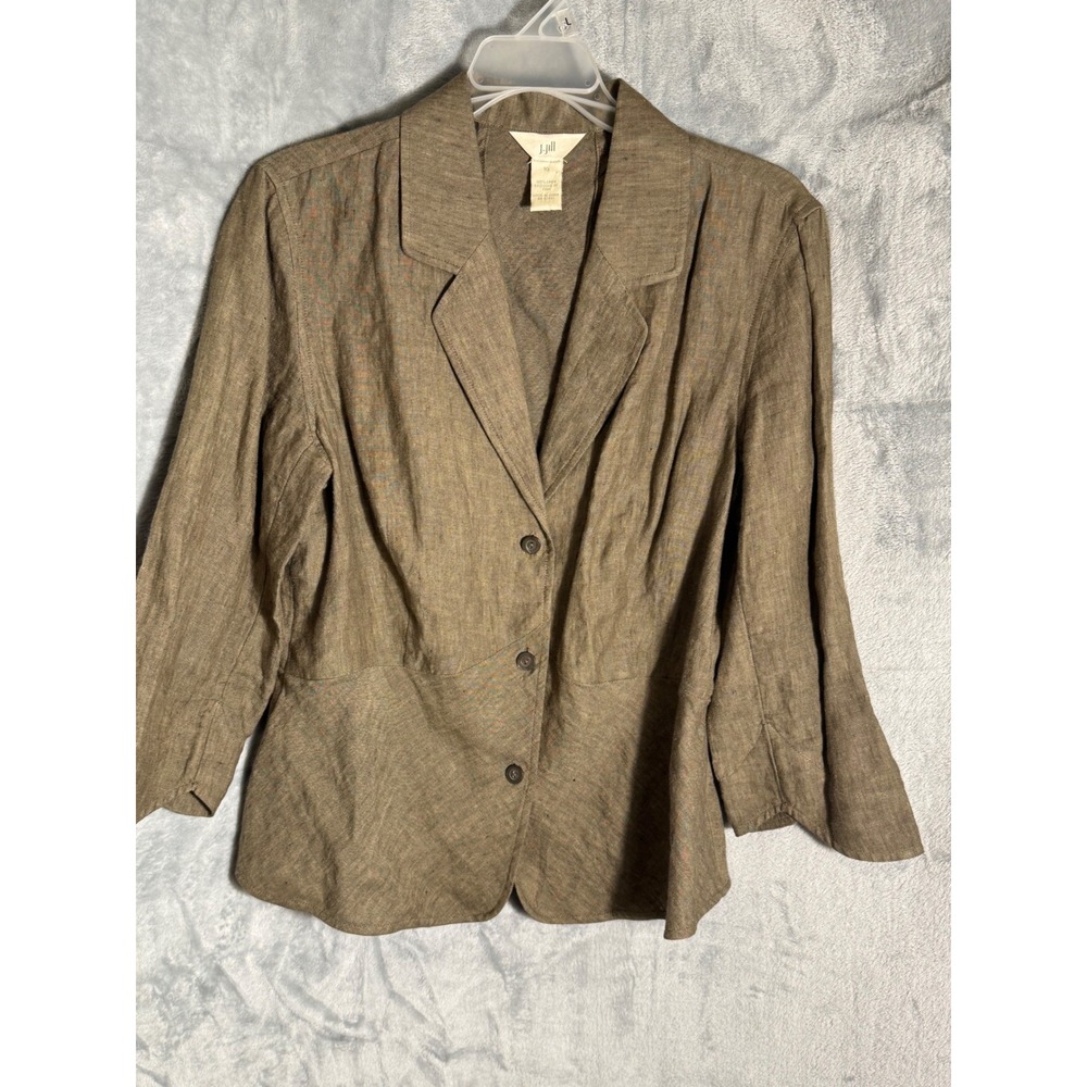 J. Jill Brown 100% Linen Three Button Blazer Jacket Womens 10 3/4 Sleeve vintage